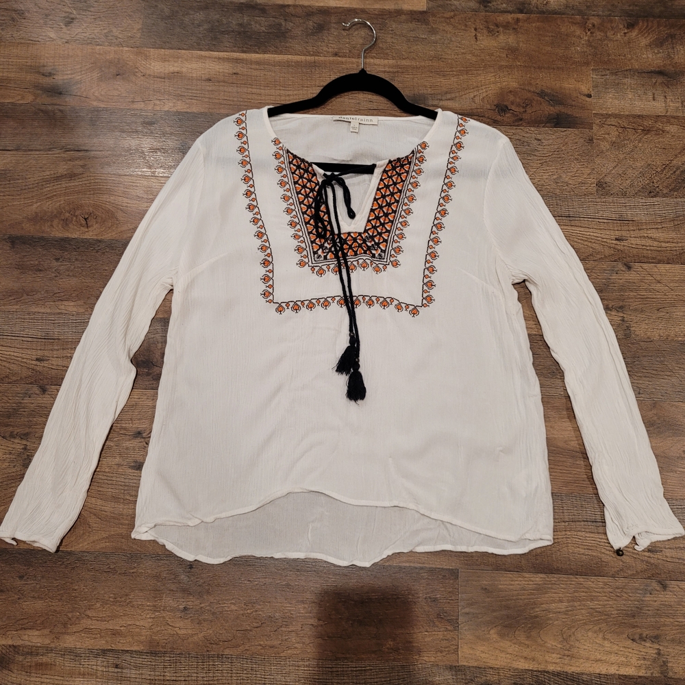 Daniel Rainn White Blouse with Navy and Orange Embroidery